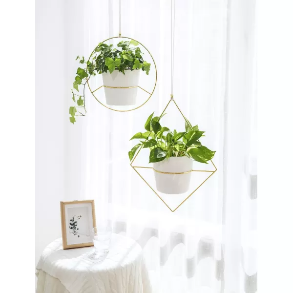 Mkono Boho Hanging Planter Set of 2 Metal Plant Hanger with Plastic Pots Modern Mid Century Flower Pot Plant Holder in Diamond and Circle Shape Fits 6 Inch Planter Pots Included BlackGold