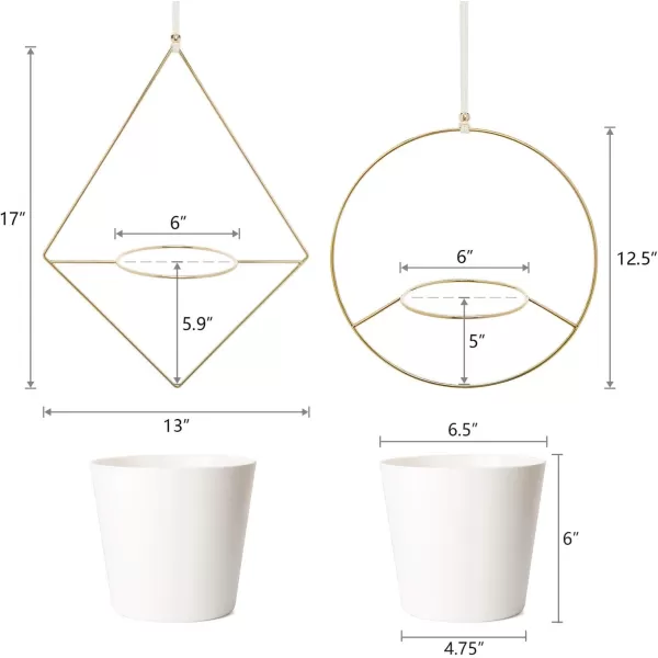 Mkono Boho Hanging Planter Set of 2 Metal Plant Hanger with Plastic Pots Modern Mid Century Flower Pot Plant Holder in Diamond and Circle Shape Fits 6 Inch Planter Pots Included BlackGold