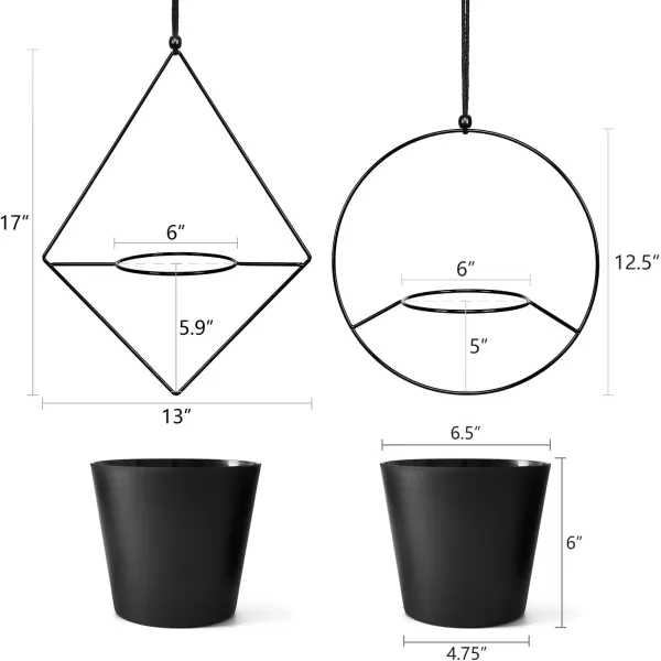 Mkono Boho Hanging Planter Set of 2 Metal Plant Hanger with Plastic Pots Modern Mid Century Flower Pot Plant Holder in Diamond and Circle Shape Fits 6 Inch Planter Pots Included BlackBlack