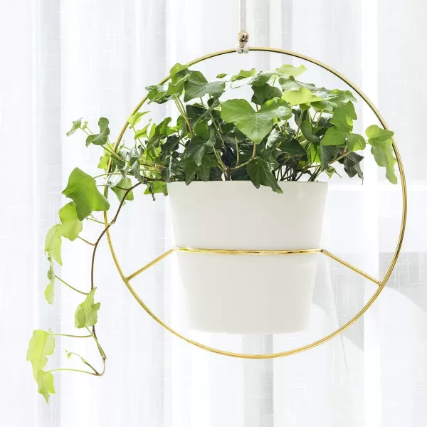 Mkono Boho Hanging Planter Set of 2 Metal Plant Hanger with Plastic Pots Modern Mid Century Flower Pot Plant Holder in Diamond and Circle Shape Fits 6 Inch Planter Pots Included BlackGold