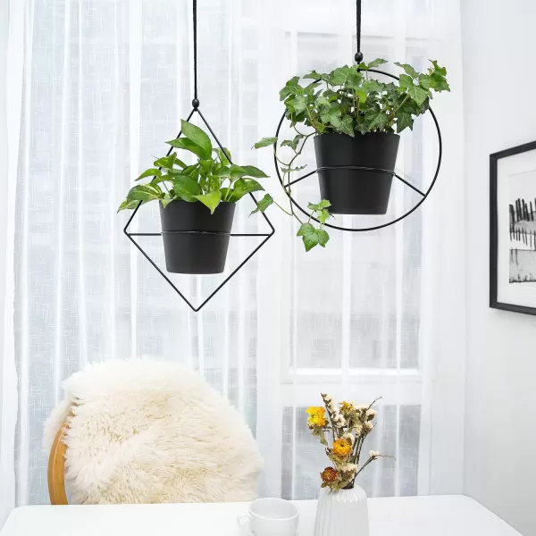 Mkono Boho Hanging Planter Set of 2 Metal Plant Hanger with Plastic Pots Modern Mid Century Flower Pot Plant Holder in Diamond and Circle Shape Fits 6 Inch Planter Pots Included BlackBlack