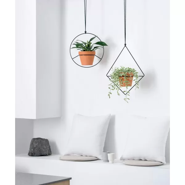 Mkono Boho Hanging Planter Set of 2 Metal Plant Hanger with Plastic Pots Modern Mid Century Flower Pot Plant Holder in Diamond and Circle Shape Fits 6 Inch Planter Pots Included BlackBlack