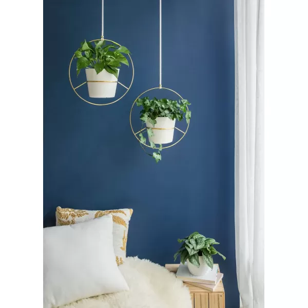 Mkono Boho Hanging Planter Set of 2 Round Metal Plant Hanger with Plastic Plant Pot Modern Wall and Ceiling Planter Mid Century Flower Pot Holder Fits 6 Inch Planter Pots Included Gold