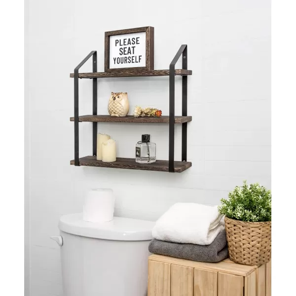 Mkono Floating Wall Shelves 3 Tier 17 Inch Rustic Hanging Shelf with Metal Bracket Wall Mount Wood Storage Display Shelves for Living Room Bathroom Bedroom Kitchen OfficeMediumBrown