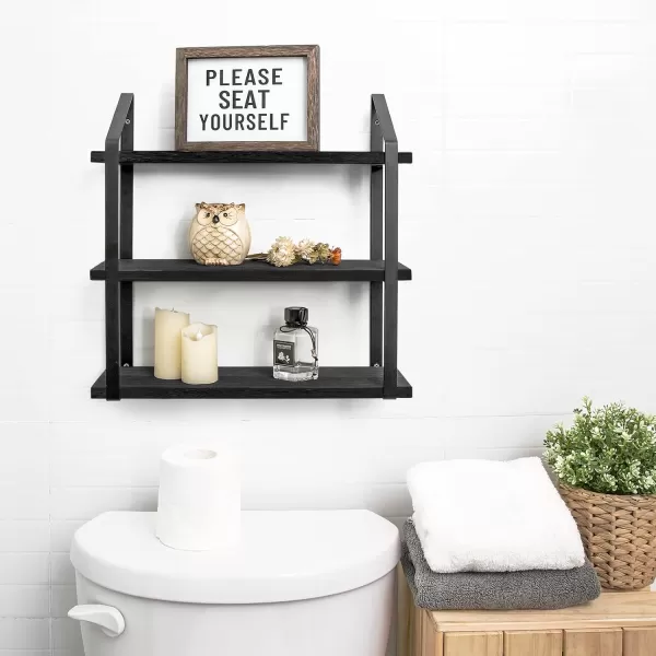 Mkono Floating Wall Shelves 3 Tier 17 Inch Rustic Hanging Shelf with Metal Bracket Wall Mount Wood Storage Display Shelves for Living Room Bathroom Bedroom Kitchen OfficeMediumBlack