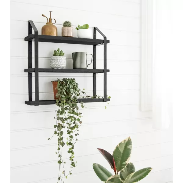 Mkono Floating Wall Shelves 3 Tier 17 Inch Rustic Hanging Shelf with Metal Bracket Wall Mount Wood Storage Display Shelves for Living Room Bathroom Bedroom Kitchen OfficeMediumBlack
