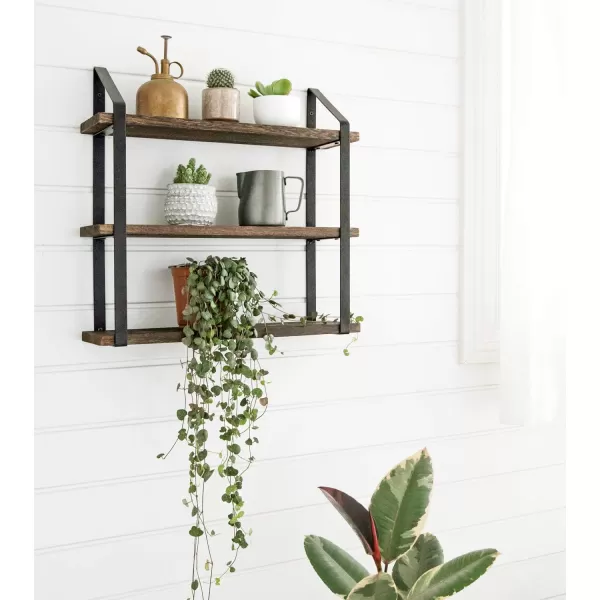 Mkono Floating Wall Shelves 3 Tier 17 Inch Rustic Hanging Shelf with Metal Bracket Wall Mount Wood Storage Display Shelves for Living Room Bathroom Bedroom Kitchen OfficeMediumBrown