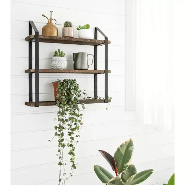 Mkono Floating Wall Shelves 3 Tier 17 Inch Rustic Hanging Shelf with Metal Bracket Wall Mount Wood Storage Display Shelves for Living Room Bathroom Bedroom Kitchen OfficeMediumBrown