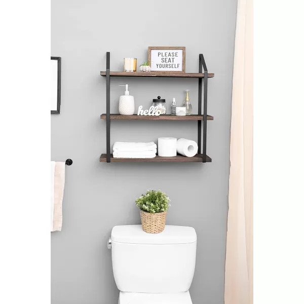 Mkono Floating Wall Shelves 3 Tier 17 Inch Rustic Hanging Shelf with Metal Bracket Wall Mount Wood Storage Display Shelves for Living Room Bathroom Bedroom Kitchen OfficeMediumBrown