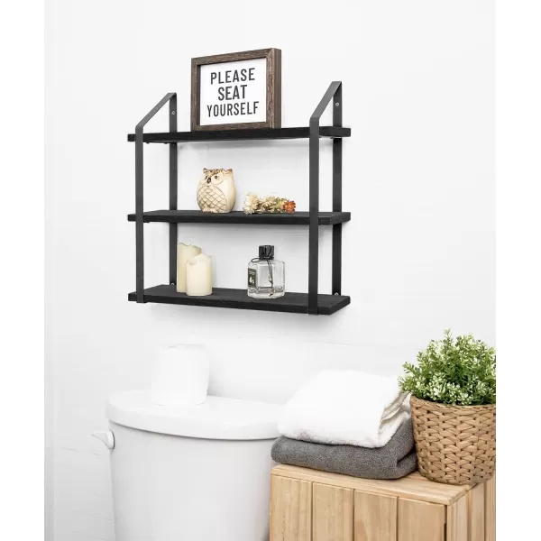 Mkono Floating Wall Shelves 3 Tier 17 Inch Rustic Hanging Shelf with Metal Bracket Wall Mount Wood Storage Display Shelves for Living Room Bathroom Bedroom Kitchen OfficeMediumBlack