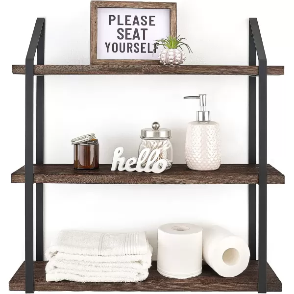 Mkono Floating Wall Shelves 3 Tier 17 Inch Rustic Hanging Shelf with Metal Bracket Wall Mount Wood Storage Display Shelves for Living Room Bathroom Bedroom Kitchen OfficeMediumBrown