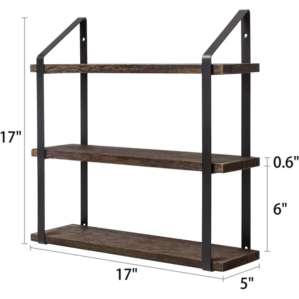 Mkono Floating Wall Shelves 3 Tier 17 Inch Rustic Hanging Shelf with Metal Bracket Wall Mount Wood Storage Display Shelves for Living Room Bathroom Bedroom Kitchen OfficeMediumBrown