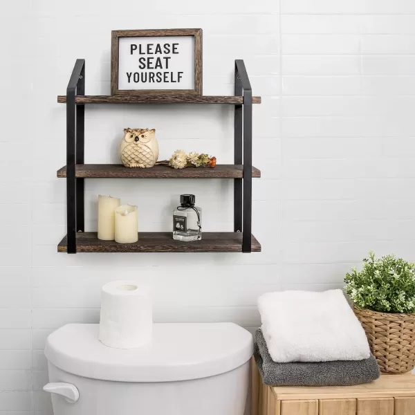 Mkono Floating Wall Shelves 3 Tier 17 Inch Rustic Hanging Shelf with Metal Bracket Wall Mount Wood Storage Display Shelves for Living Room Bathroom Bedroom Kitchen OfficeMediumBrown