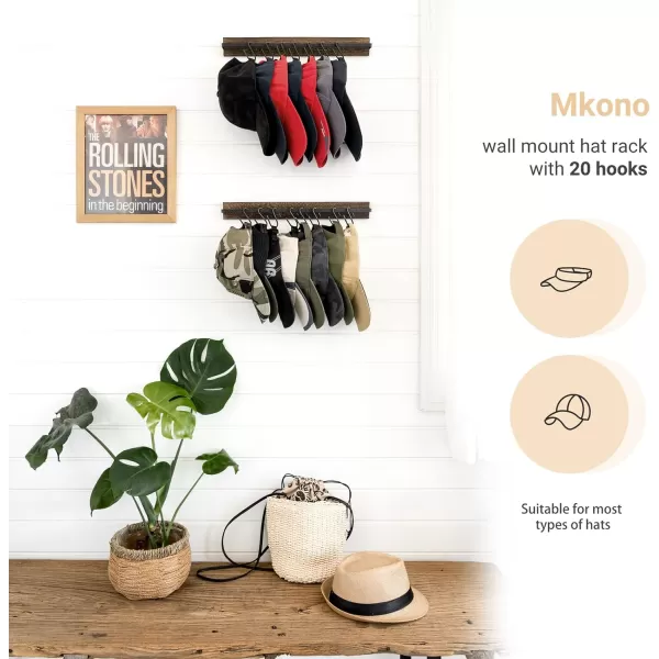 Mkono Hat Rack for Wall Wooden Baseball Caps Organizer with 20 Hooks Rustic Cowboy Hanger Mounted Hats Display Closet Bedroom Entryway Set of 2 BrownBrown