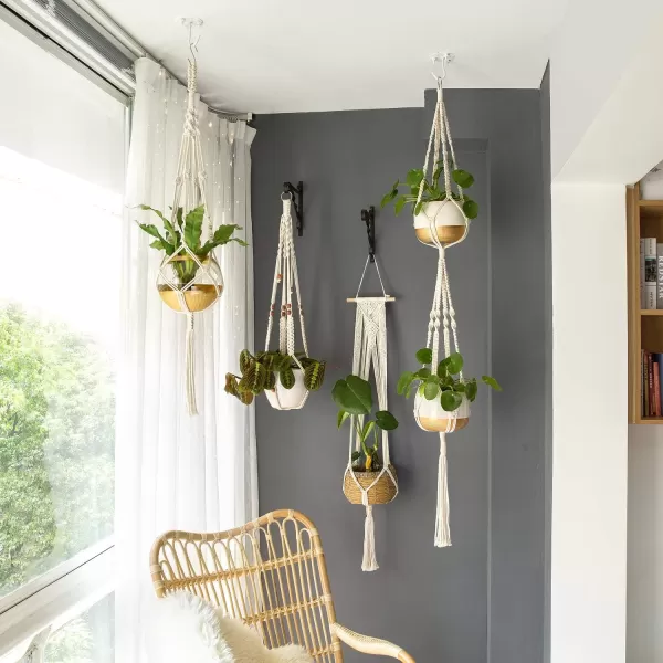 Mkono Macrame Plant Hangers 5 Pack Different Tiers Indoor Hanging Planters Basket with 5 Hooks Decorative Flower Pots Holder Stand Boho Home Decor IvoryIvory