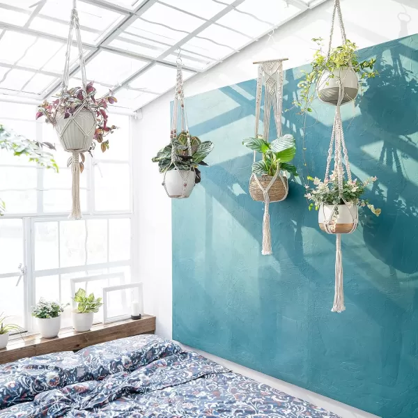Mkono Macrame Plant Hangers 5 Pack Different Tiers Indoor Hanging Planters Basket with 5 Hooks Decorative Flower Pots Holder Stand Boho Home Decor IvoryIvory