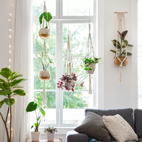 Mkono Macrame Plant Hangers 5 Pack Different Tiers Indoor Hanging Planters Basket with 5 Hooks Decorative Flower Pots Holder Stand Boho Home Decor IvoryIvory