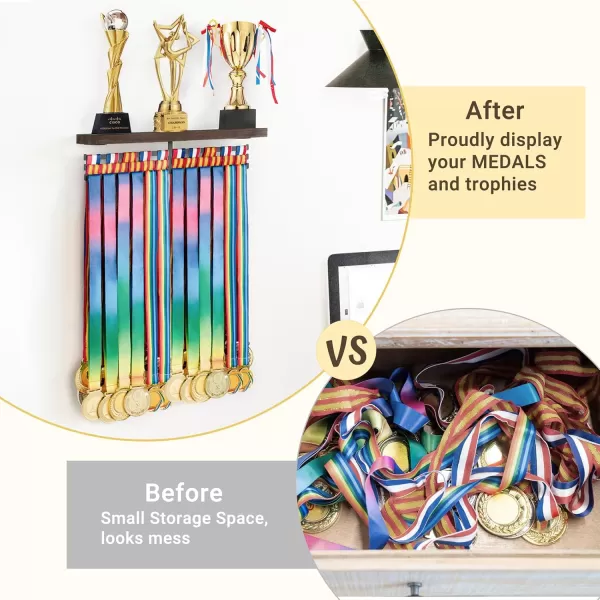 Mkono Medal Hanger Display and Trophy Shelf Metal Medal Holder Wall Mount Awards Ribbon Trophies Display Rack Organizer Easy to Install