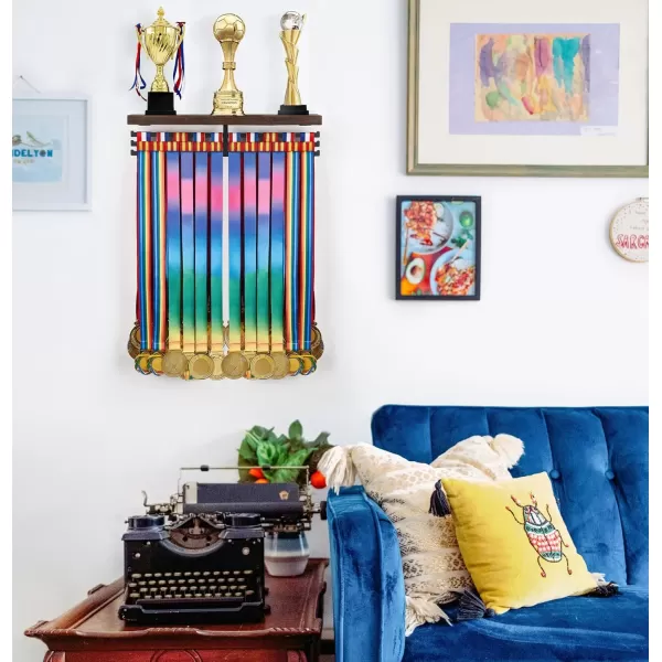 Mkono Medal Hanger Display and Trophy Shelf Metal Medal Holder Wall Mount Awards Ribbon Trophies Display Rack Organizer Easy to Install