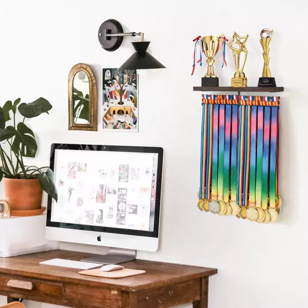 Mkono Medal Hanger Display and Trophy Shelf Metal Medal Holder Wall Mount Awards Ribbon Trophies Display Rack Organizer Easy to Install