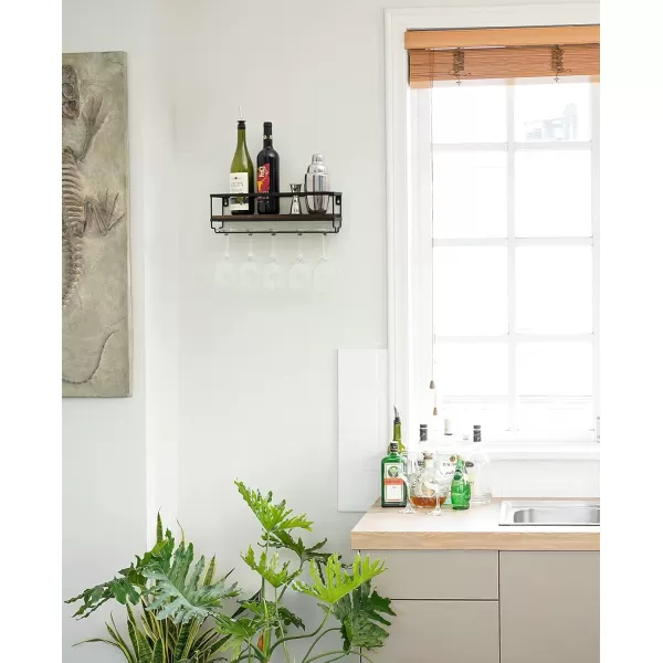 Mkono Wall Mounted Wine Rack  Bottle ampamp Glass Holder Wood Rustic Floating Racks with Stemware Hanger Modern Plants Photos Wine Bottles Display Wall Storage Shelf for Kitchen Dining Room Home Bar