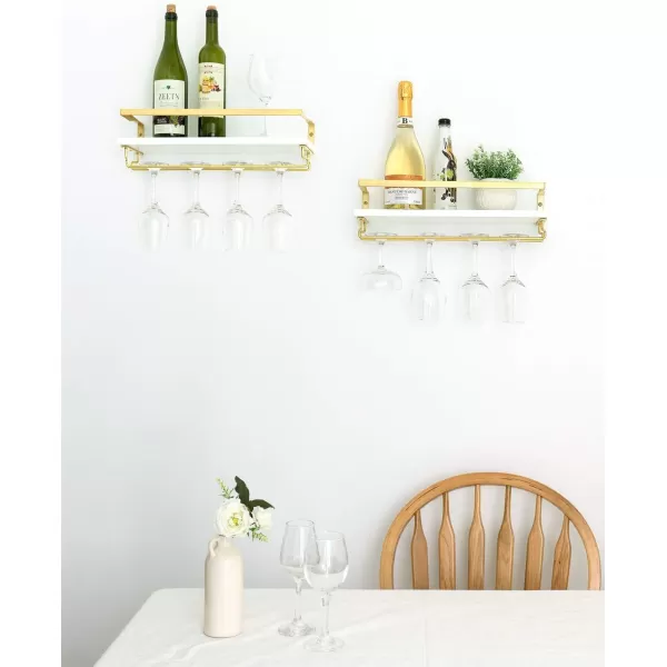 Mkono Wall Mounted Wine Rack Set of 2 Wood Shelf Rustic Wine Bottle Glass Floating Shelves with Stemware Hanger Modern Plants Photos Wine Display Storage Holder for Kitchen Dining Room Bar BlackWhite and Gold