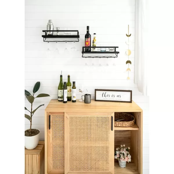 Mkono Wall Mounted Wine Rack Set of 2 Wood Shelf Rustic Wine Bottle Glass Floating Shelves with Stemware Hanger Modern Plants Photos Wine Display Storage Holder for Kitchen Dining Room Bar BlackBlack