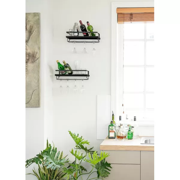 Mkono Wall Mounted Wine Rack Set of 2 Wood Shelf Rustic Wine Bottle Glass Floating Shelves with Stemware Hanger Modern Plants Photos Wine Display Storage Holder for Kitchen Dining Room Bar BlackBlack