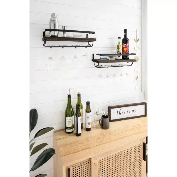 Mkono Wall Mounted Wine Rack Set of 2 Wood Shelf Rustic Wine Bottle Glass Floating Shelves with Stemware Hanger Modern Plants Photos Wine Display Storage Holder for Kitchen Dining Room Bar BlackBrown
