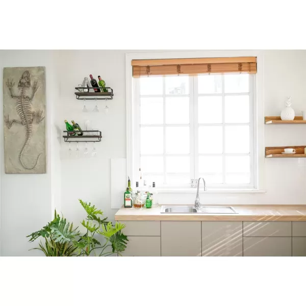 Mkono Wall Mounted Wine Rack Set of 2 Wood Shelf Rustic Wine Bottle Glass Floating Shelves with Stemware Hanger Modern Plants Photos Wine Display Storage Holder for Kitchen Dining Room Bar BlackBrown