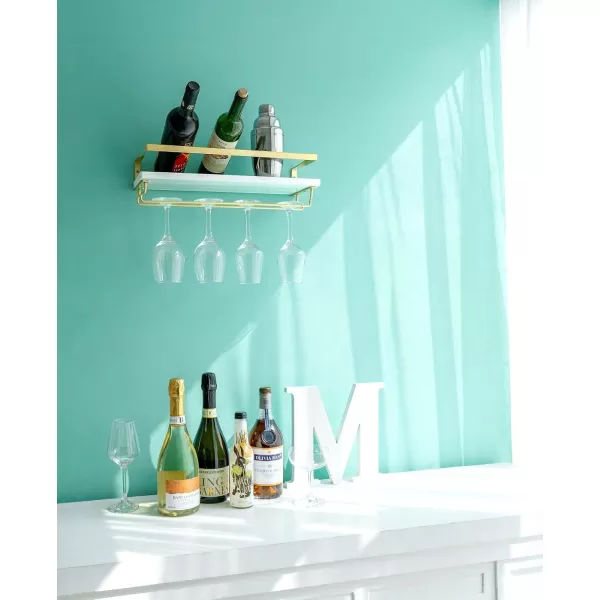 Mkono Wall Mounted Wine Rack Set of 2 Wood Shelf Rustic Wine Bottle Glass Floating Shelves with Stemware Hanger Modern Plants Photos Wine Display Storage Holder for Kitchen Dining Room Bar BlackWhite and Gold