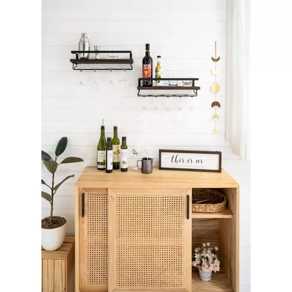 Mkono Wall Mounted Wine Rack Set of 2 Wood Shelf Rustic Wine Bottle Glass Floating Shelves with Stemware Hanger Modern Plants Photos Wine Display Storage Holder for Kitchen Dining Room Bar BlackBrown