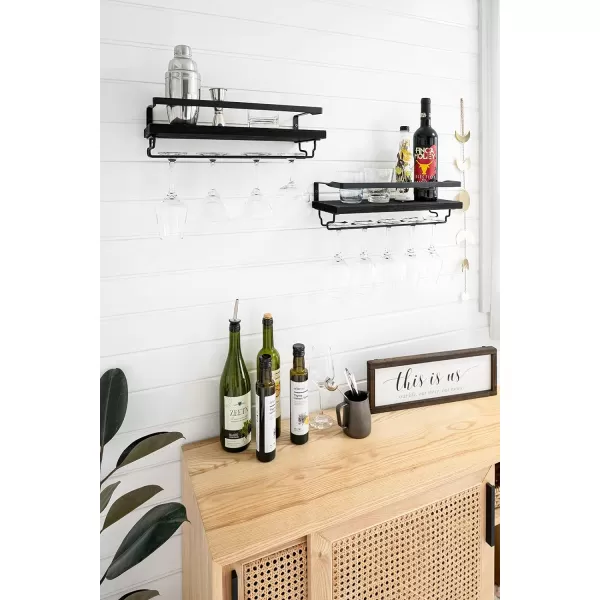 Mkono Wall Mounted Wine Rack Set of 2 Wood Shelf Rustic Wine Bottle Glass Floating Shelves with Stemware Hanger Modern Plants Photos Wine Display Storage Holder for Kitchen Dining Room Bar BlackBlack