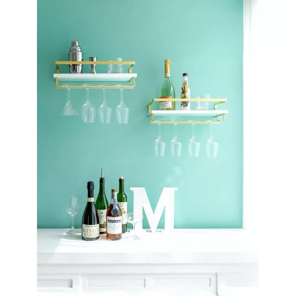 Mkono Wall Mounted Wine Rack Set of 2 Wood Shelf Rustic Wine Bottle Glass Floating Shelves with Stemware Hanger Modern Plants Photos Wine Display Storage Holder for Kitchen Dining Room Bar BlackWhite and Gold