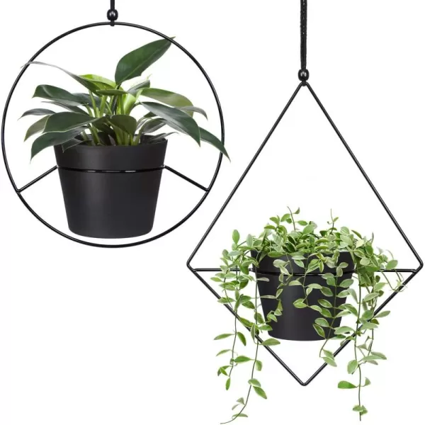 Mkono Boho Hanging Planter Set of 2 Metal Plant Hanger with Plastic Pots Modern Mid Century Flower Pot Plant Holder in Diamond and Circle Shape Fits 6 Inch Planter Pots Included BlackBlack