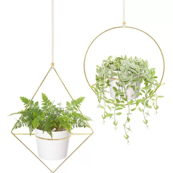 Mkono Boho Hanging Planter Set of 2 Metal Plant Hanger with Plastic Pots Modern Mid Century Flower Pot Plant Holder in Diamond and Circle Shape Fits 6 Inch Planter Pots Included BlackGold