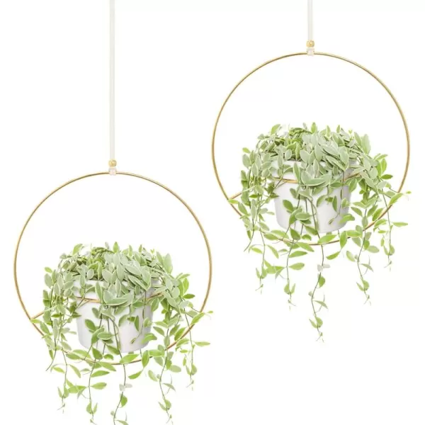 Mkono Boho Hanging Planter Set of 2 Round Metal Plant Hanger with Plastic Plant Pot Modern Wall and Ceiling Planter Mid Century Flower Pot Holder Fits 6 Inch Planter Pots Included Gold