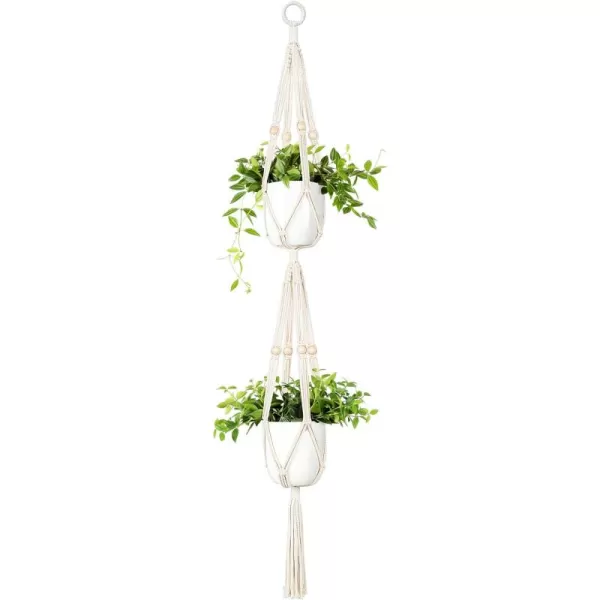Mkono Macrame Double Plant Hanger Indoor Outdoor 2 Tier Hanging Planter Basket Cotton Rope with Beads 4 Legs 49 Inches