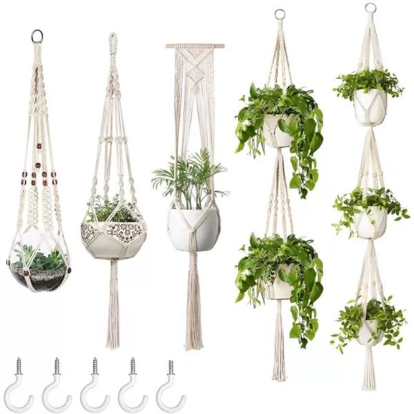 Mkono Macrame Plant Hangers 5 Pack Different Tiers Indoor Hanging Planters Basket with 5 Hooks Decorative Flower Pots Holder Stand Boho Home Decor IvoryIvory