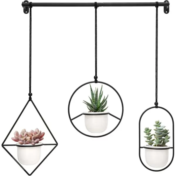 Mkono Mini Hanging Planters Indoor Herb Garden for Window 35quot Ceramic Plant Pot in 3 Different Metal Plant Hangers with Drainage Holes for Indoor Plants BlackWhite