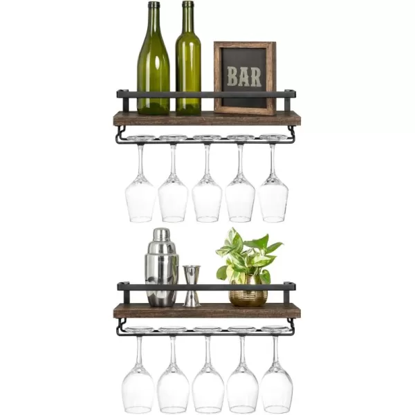Mkono Wall Mounted Wine Rack Set of 2 Wood Shelf Rustic Wine Bottle Glass Floating Shelves with Stemware Hanger Modern Plants Photos Wine Display Storage Holder for Kitchen Dining Room Bar BlackBrown