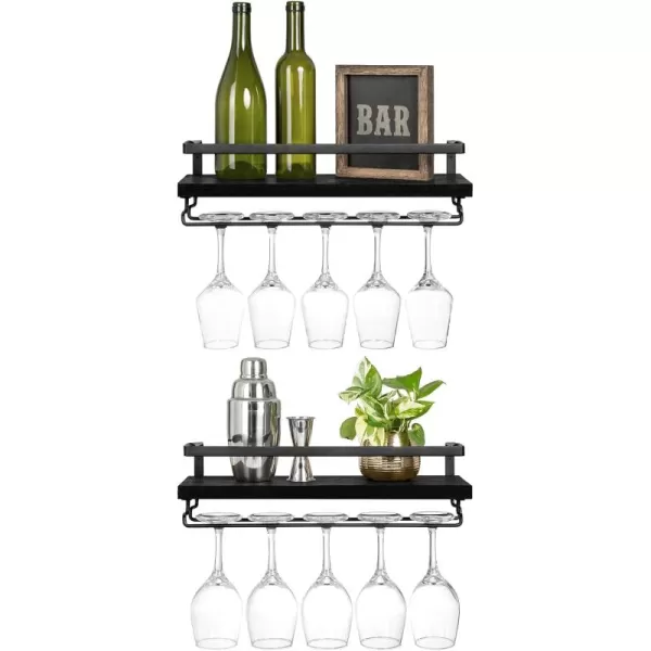Mkono Wall Mounted Wine Rack Set of 2 Wood Shelf Rustic Wine Bottle Glass Floating Shelves with Stemware Hanger Modern Plants Photos Wine Display Storage Holder for Kitchen Dining Room Bar BlackBlack