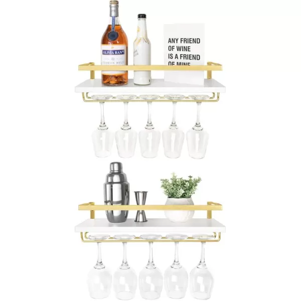 Mkono Wall Mounted Wine Rack Set of 2 Wood Shelf Rustic Wine Bottle Glass Floating Shelves with Stemware Hanger Modern Plants Photos Wine Display Storage Holder for Kitchen Dining Room Bar BlackWhite and Gold