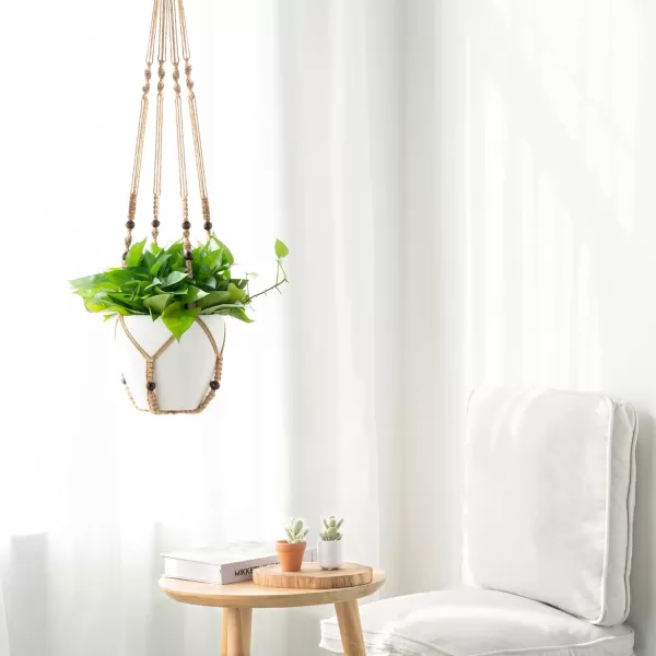 Mkono 43 Inch Macrame Plant Hanger Large for up to 12 Inch Pot Extra Long Hanging Plant Holder No Tassels Hanging Planter Basket with Wood Beads for Indoor Outdoor Boho Home Decor IvoryBrown