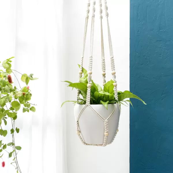 Mkono 43 Inch Macrame Plant Hanger Large for up to 12 Inch Pot Extra Long Hanging Plant Holder No Tassels Hanging Planter Basket with Wood Beads for Indoor Outdoor Boho Home Decor IvoryIvory