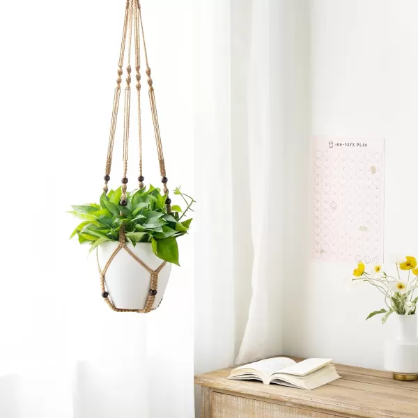 Mkono 43 Inch Macrame Plant Hanger Large for up to 12 Inch Pot Extra Long Hanging Plant Holder No Tassels Hanging Planter Basket with Wood Beads for Indoor Outdoor Boho Home Decor IvoryBrown