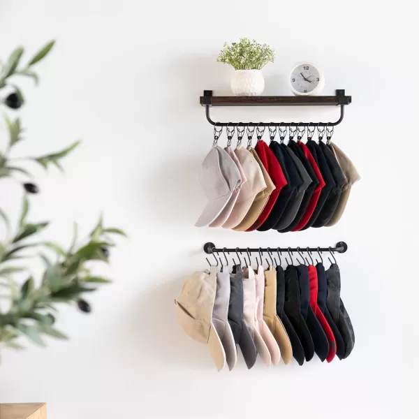 Mkono Hat Rack for Wall with Shelf 24 Baseball Caps Organizer with 12 Hook 12 Clips Wooden Hat Shelf Metal Hat Hanger for Baseball Hats and Accessories Storage Cowboy Hat Rack for Closet Bedroom