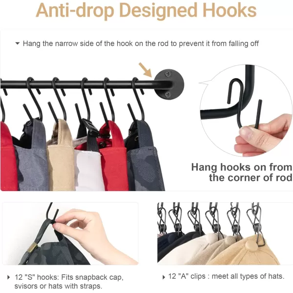 Mkono Hat Rack for Wall with Shelf 24 Baseball Caps Organizer with 12 Hook 12 Clips Wooden Hat Shelf Metal Hat Hanger for Baseball Hats and Accessories Storage Cowboy Hat Rack for Closet Bedroom