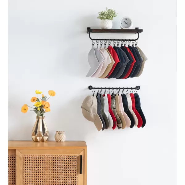 Mkono Hat Rack for Wall with Shelf 24 Baseball Caps Organizer with 12 Hook 12 Clips Wooden Hat Shelf Metal Hat Hanger for Baseball Hats and Accessories Storage Cowboy Hat Rack for Closet Bedroom