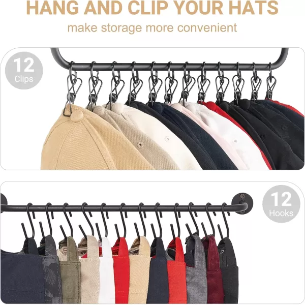 Mkono Hat Rack for Wall with Shelf 24 Baseball Caps Organizer with 12 Hook 12 Clips Wooden Hat Shelf Metal Hat Hanger for Baseball Hats and Accessories Storage Cowboy Hat Rack for Closet Bedroom